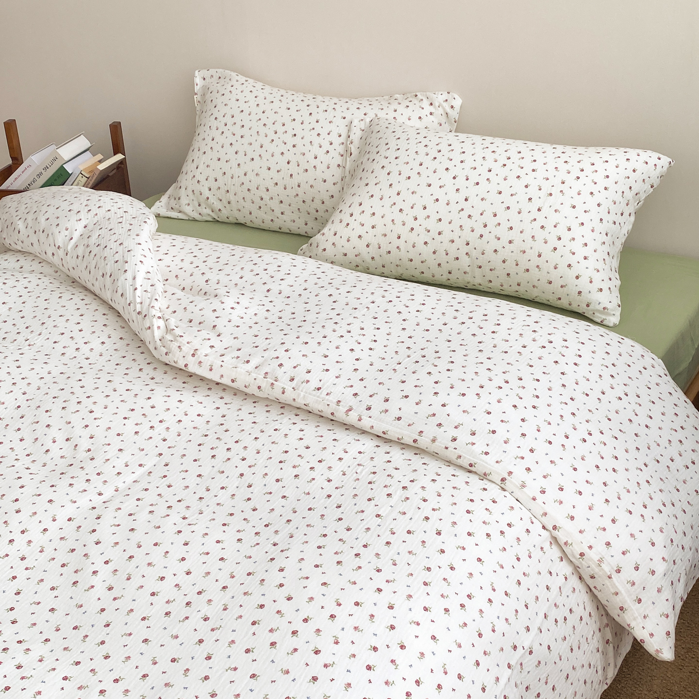 信里的小事 韩系A类皱皱纱四件套床单被套复古小玫瑰1.8m双人