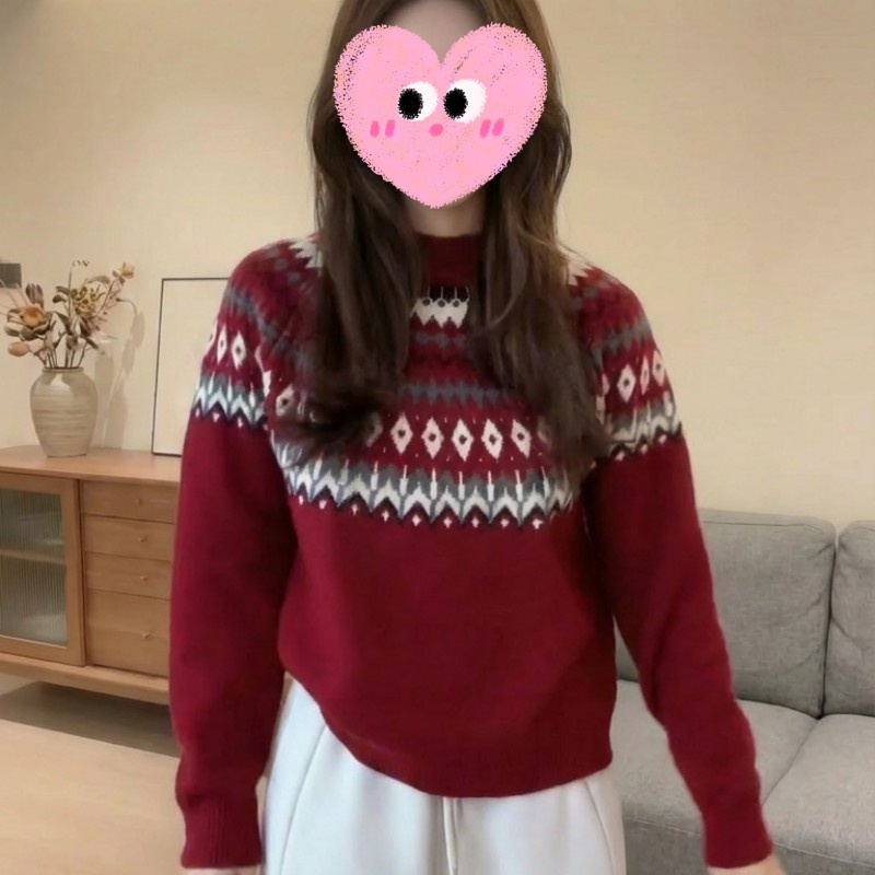 2025秋冬新款休闲百搭圆领毛衣针织衫女费尔岛提花设计感宽松上衣