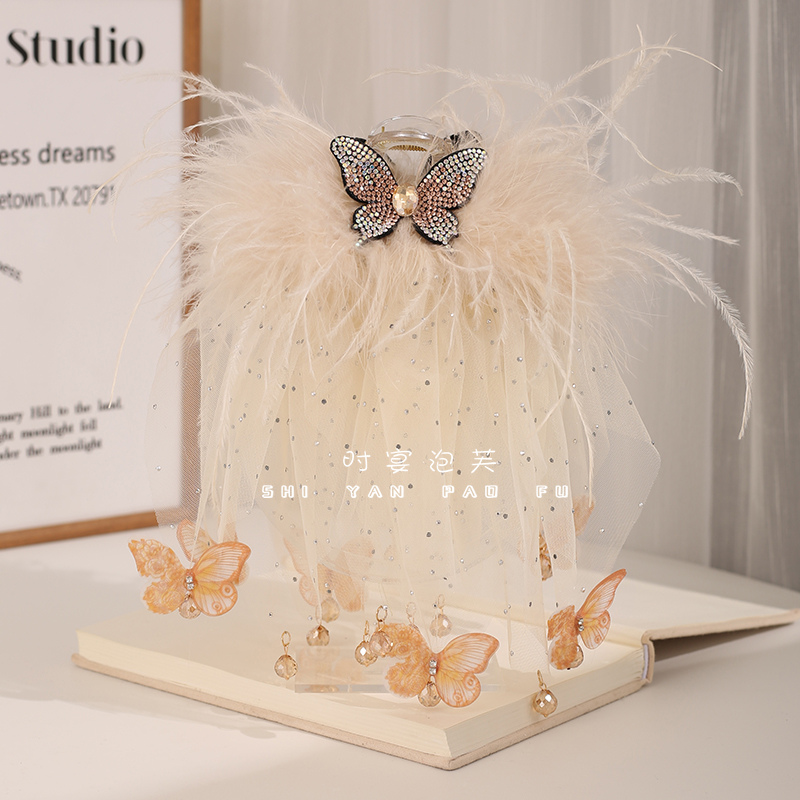 翩若惊鸿羽毛发夹闪钻蝴蝶加密加长毛毛显发量蓬松轻盈飘逸鲨鱼夹