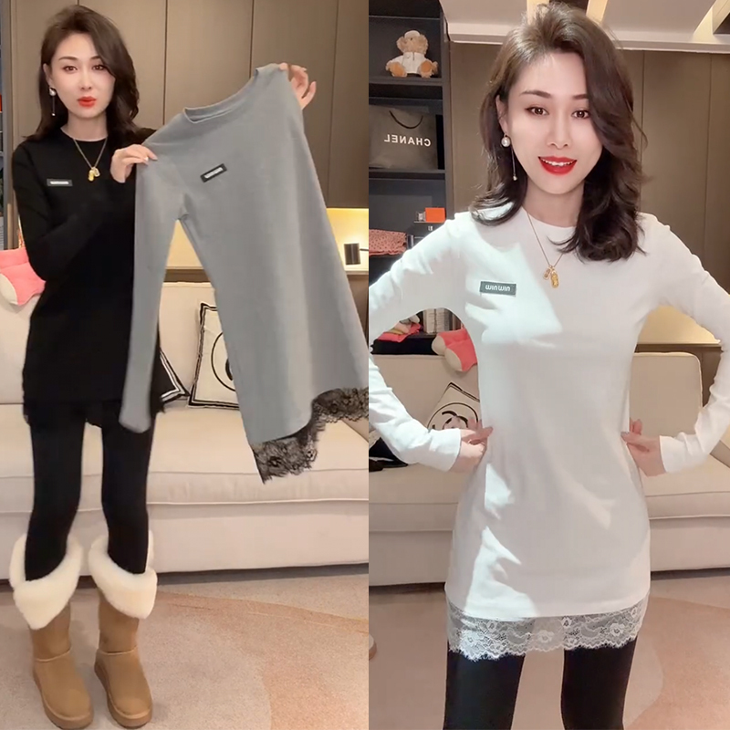 2025冬女时尚设计感气质百搭圆领长袖蕾丝拼接中长款T恤打底衫潮