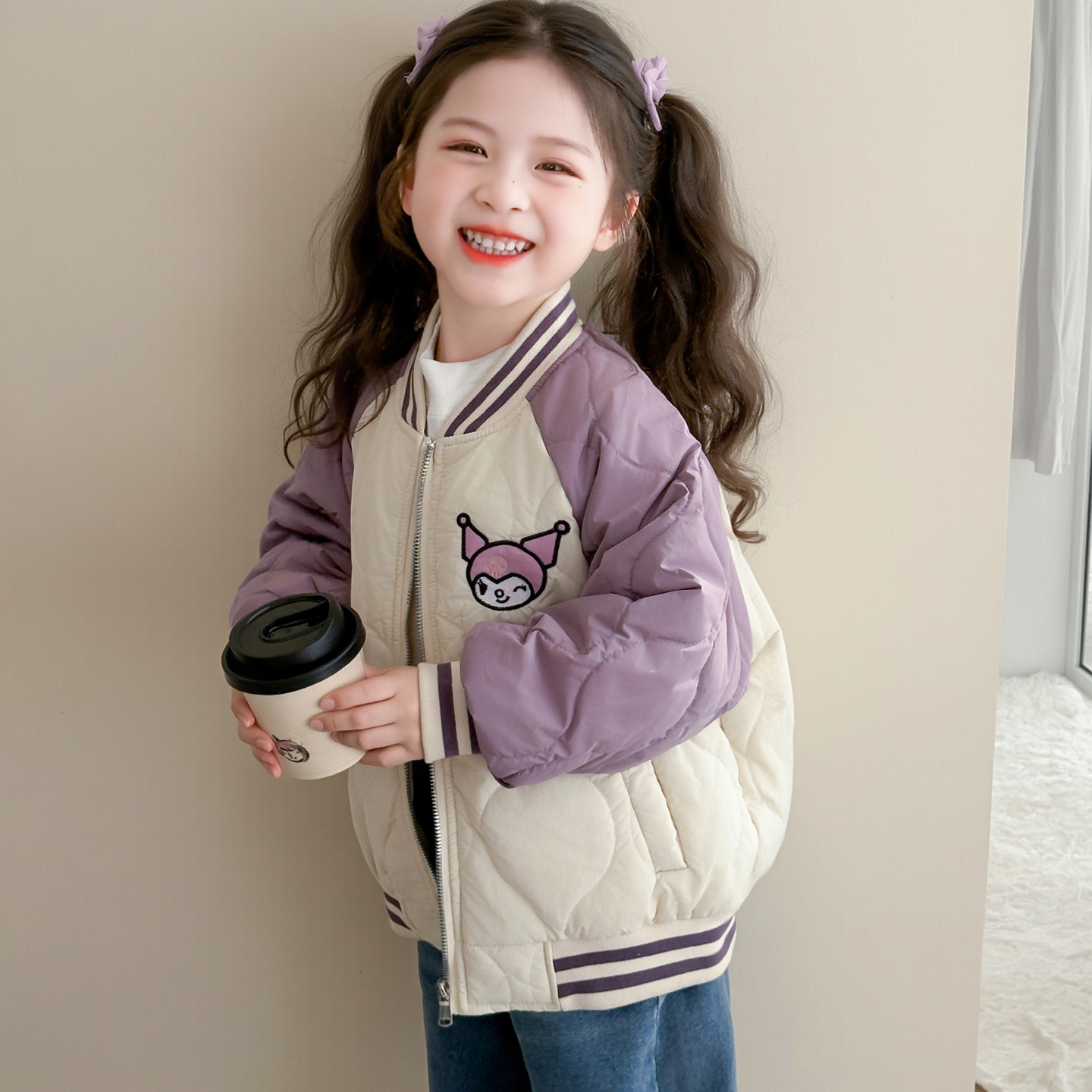 女童加厚外套秋冬装2025新款洋气儿童拼接棒球服小女孩库洛米棉衣