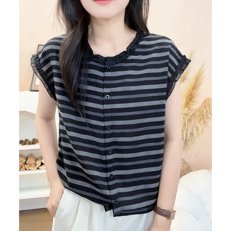 木耳专机花边工艺条纹衫下摆抽绳宽松百搭洋气上衣女