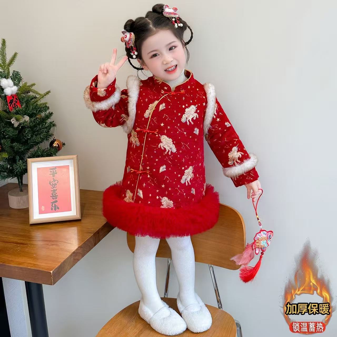 唐装冬季拜年服女童汉服秋冬儿童周岁礼服宝宝喜庆过年衣服中国风