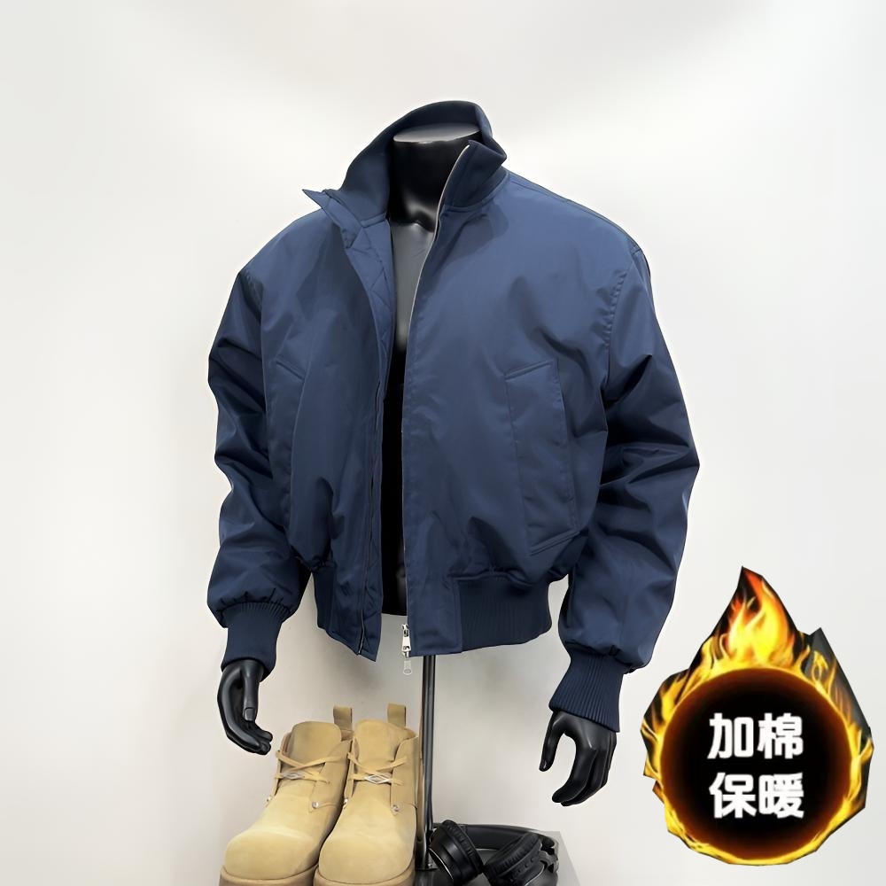 藏蓝色短款飞行夹克棉服男款深秋初冬季美式cleanfit外套立领棉衣