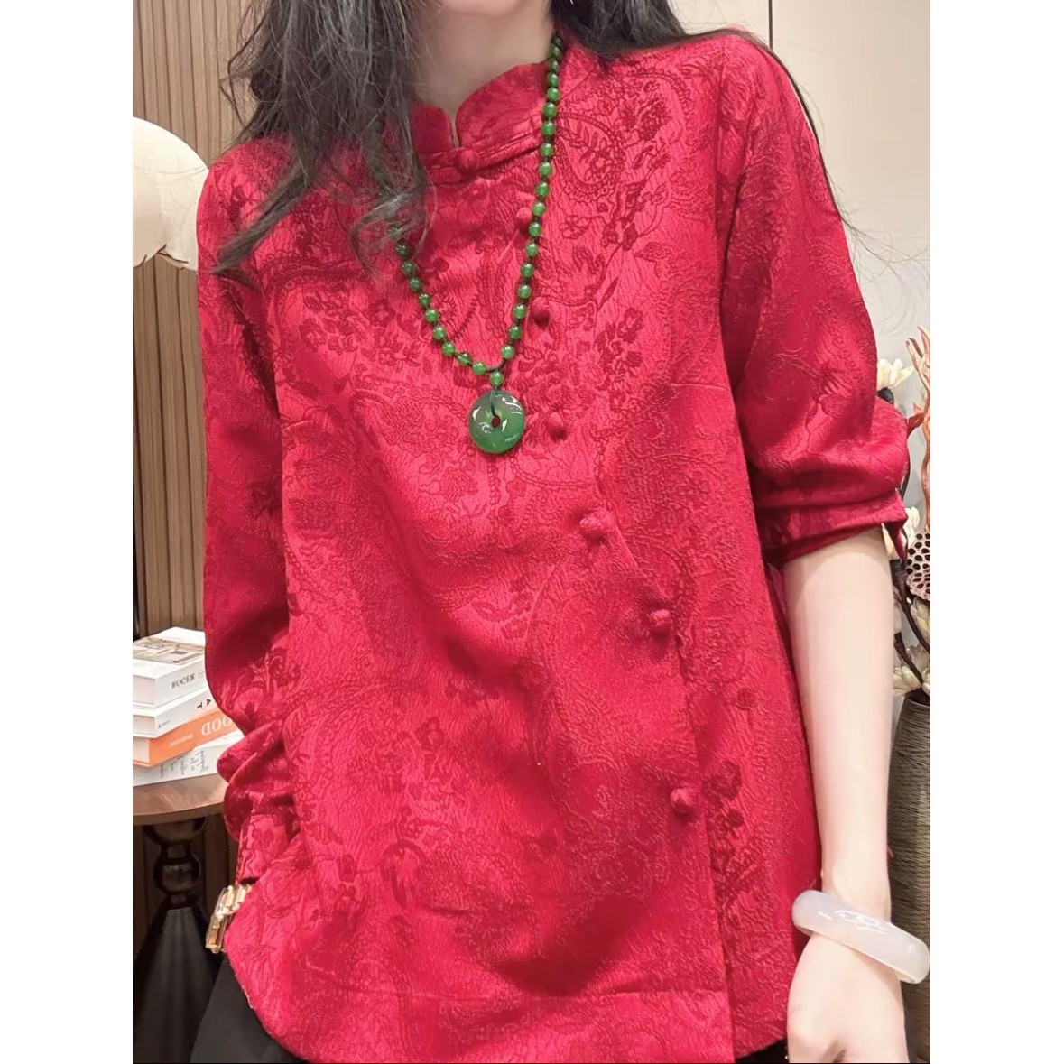 新中式国风提花盘扣立领长袖衬衫女新年款本名年时尚气质显瘦上衣