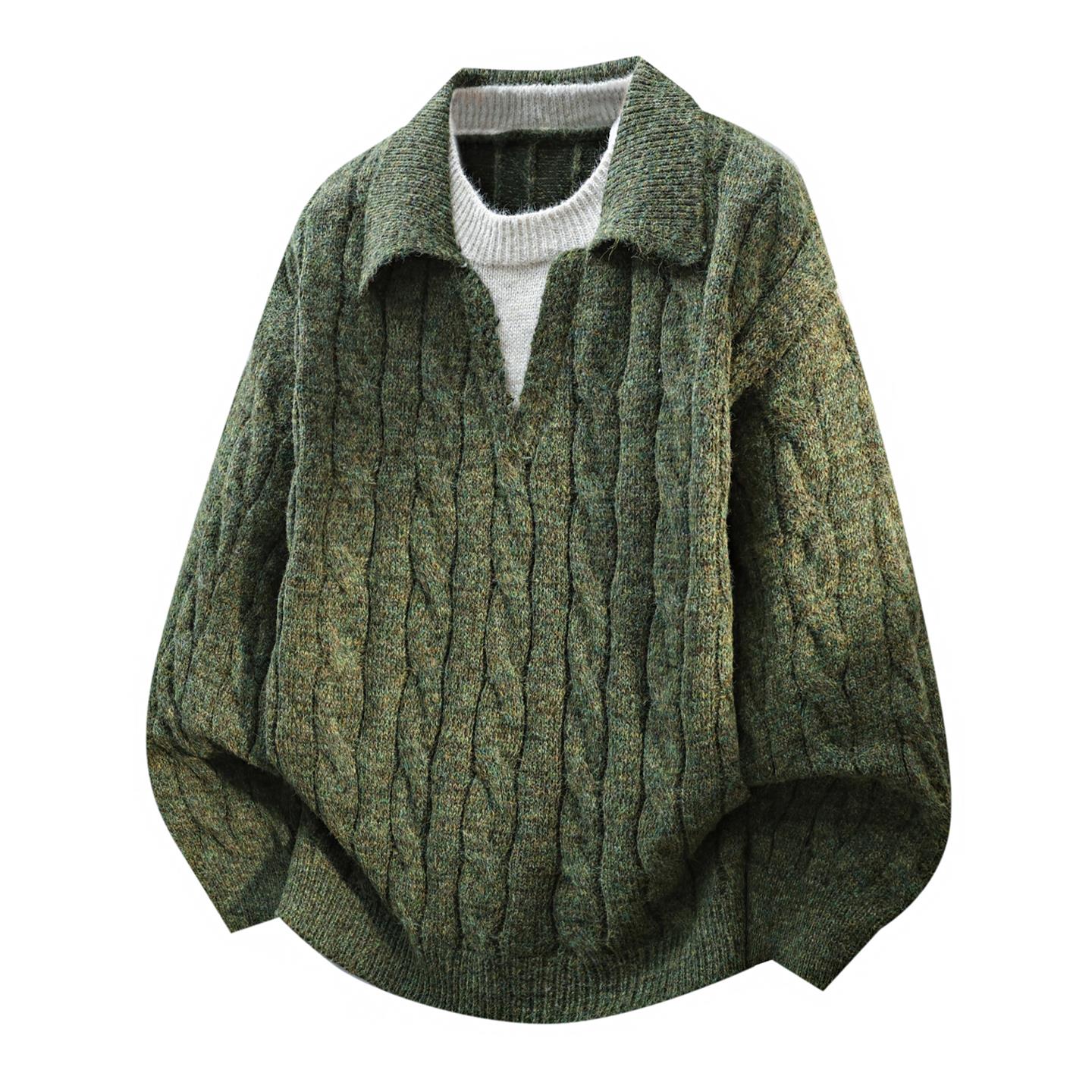 法式复古麻花针织衫男士秋冬季新款宽松慵懒风翻领假两件毛衣男款