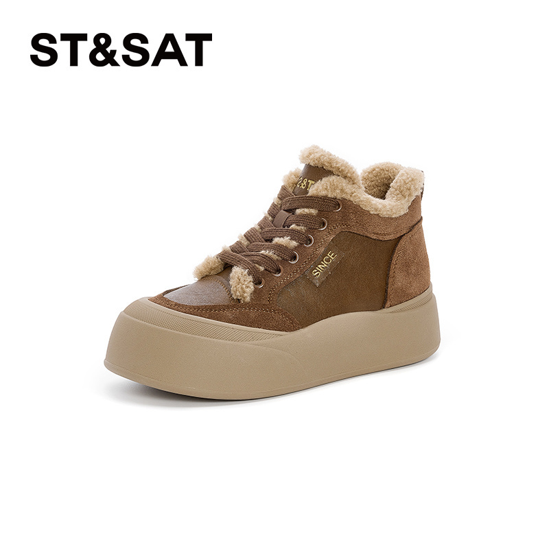 星期六时尚加绒高帮鞋女款2025冬款圆头舒适潮流时尚保暖休闲鞋