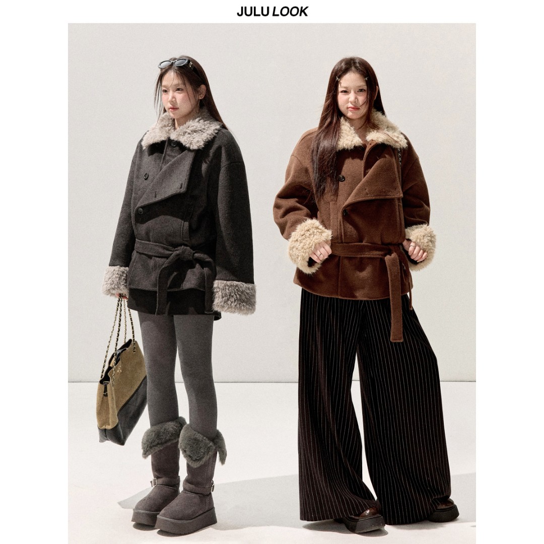 巨鹿工作室“散落的枫”微胖mm翻领毛毛拼接收腰毛呢大衣大码外套