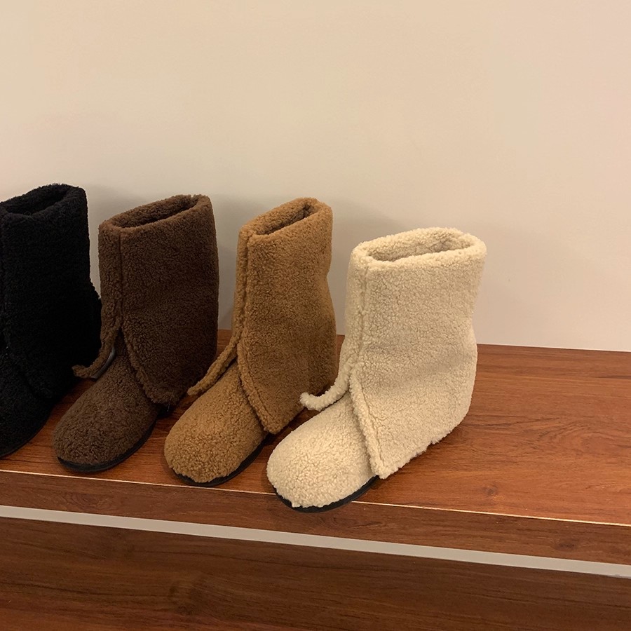 网红圆头开叉羊羔毛毛内增高雪地靴2025冬季新款时尚短靴保暖棉鞋