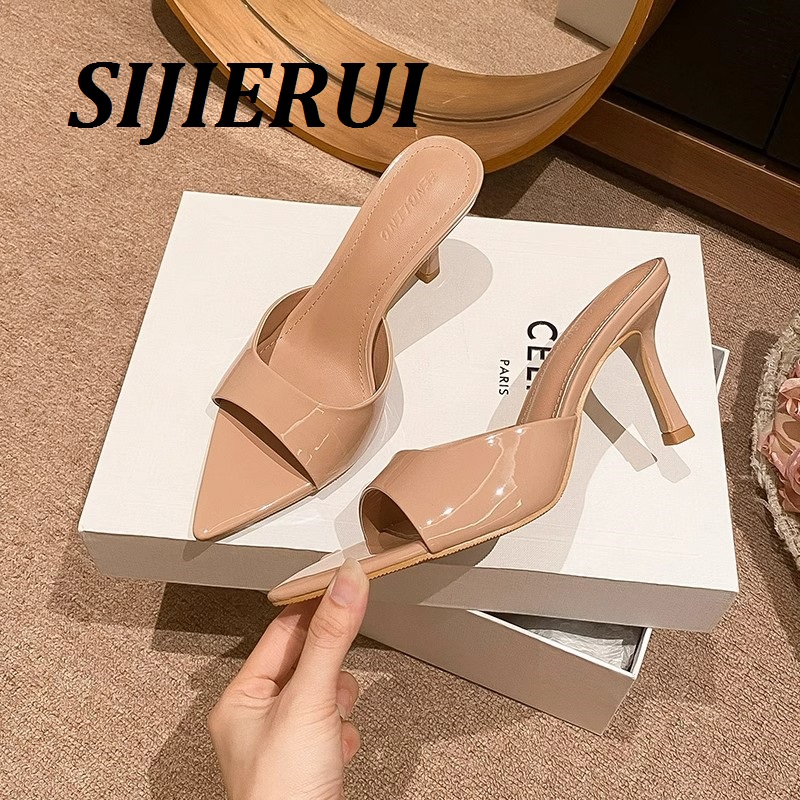 SIJIERUI2025年夏季裸色高跟凉拖鞋细跟尖头露趾性感一字拖鞋女