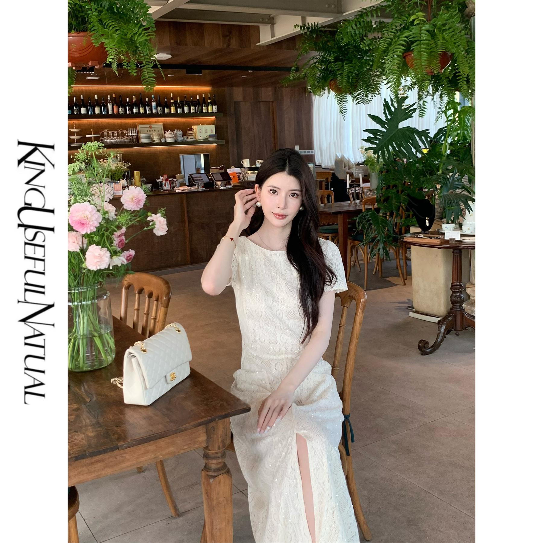 KUN【欧若花境】闪耀光泽 高级感立体绣亮片蕾丝短袖修身凉感连衣裙