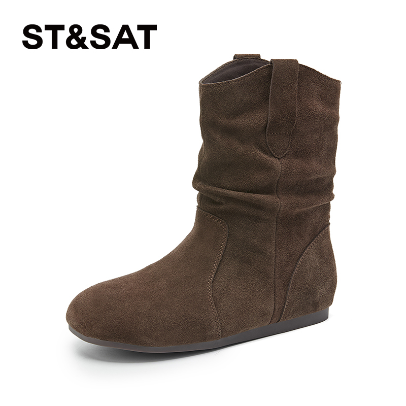 星期六时尚百搭西部靴女2025秋季新款显脚小复古平底舒适堆堆短靴