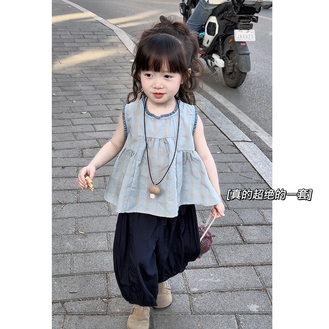 韩国童装女童套装2025夏季新款女宝宝花边无袖背心洋气蓝色阔腿裤