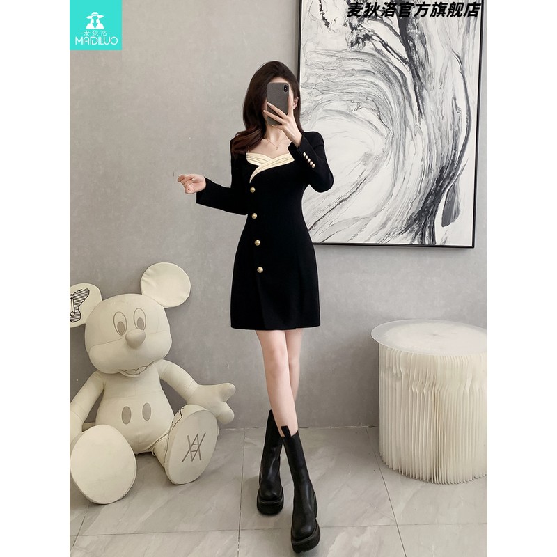 高级感撞色长袖西装连衣裙女2025春装新款通勤气质优雅显瘦小黑裙