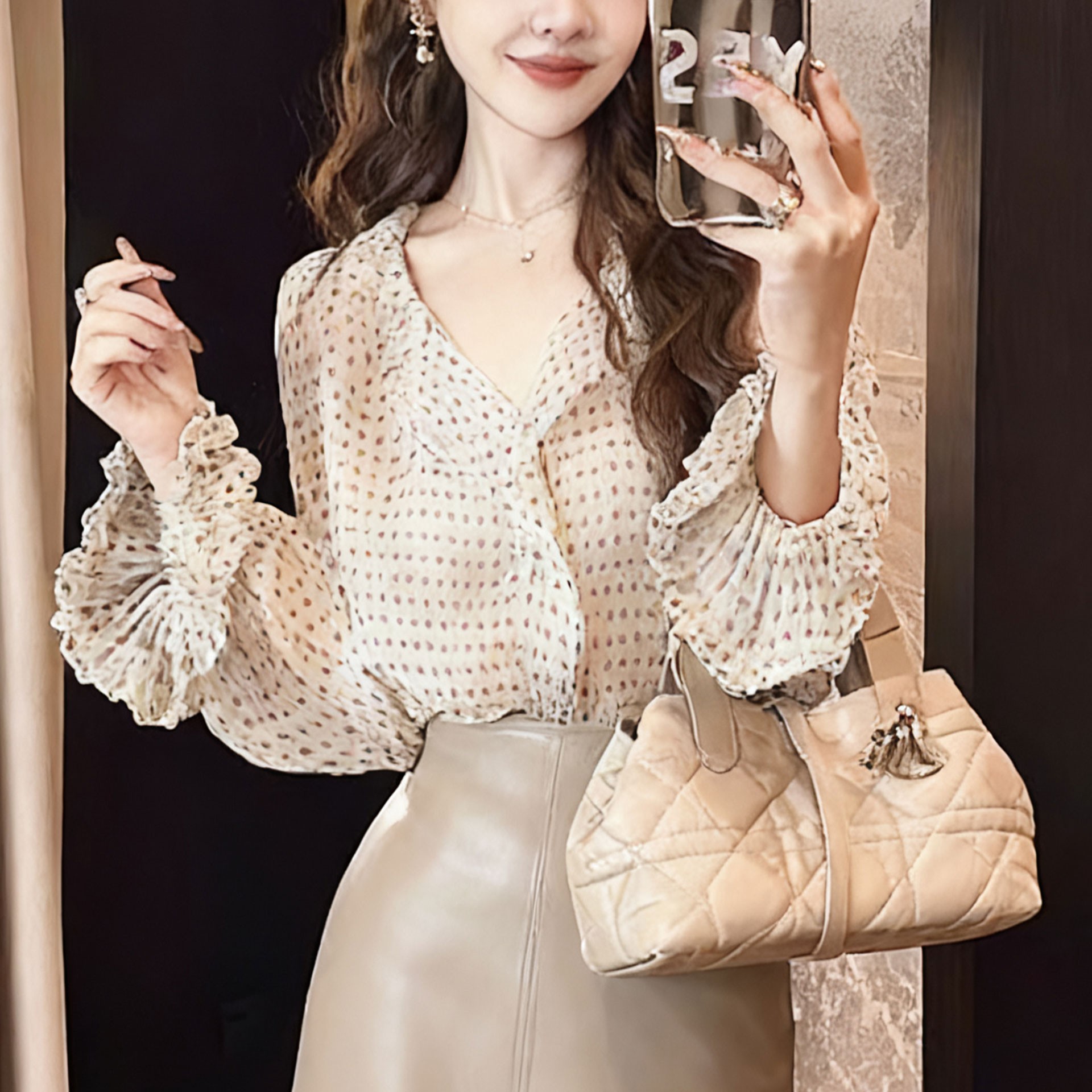 法式氛围感韩系V领衬衫女2025秋季新款宽松显瘦微透波点荷叶袖衫