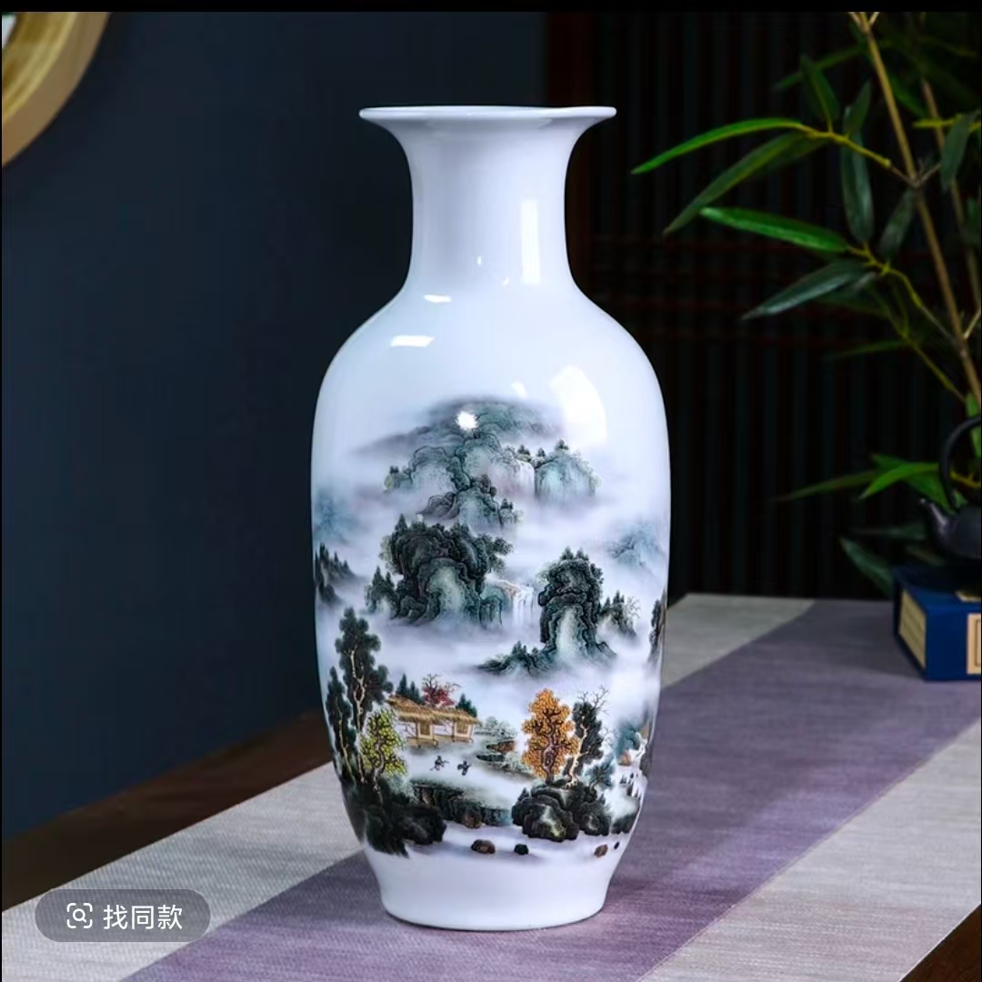 景德镇陶瓷山水画大气花瓶客厅花瓶摆件电视柜高端装饰品深谷幽隐