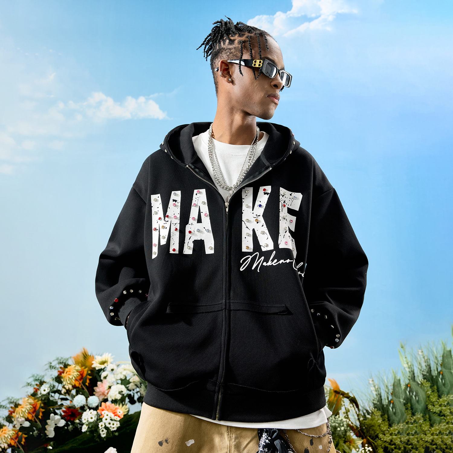 Nuthink美式复古打钻钉珠字母连帽卫衣外套开衫男女2025秋季新款