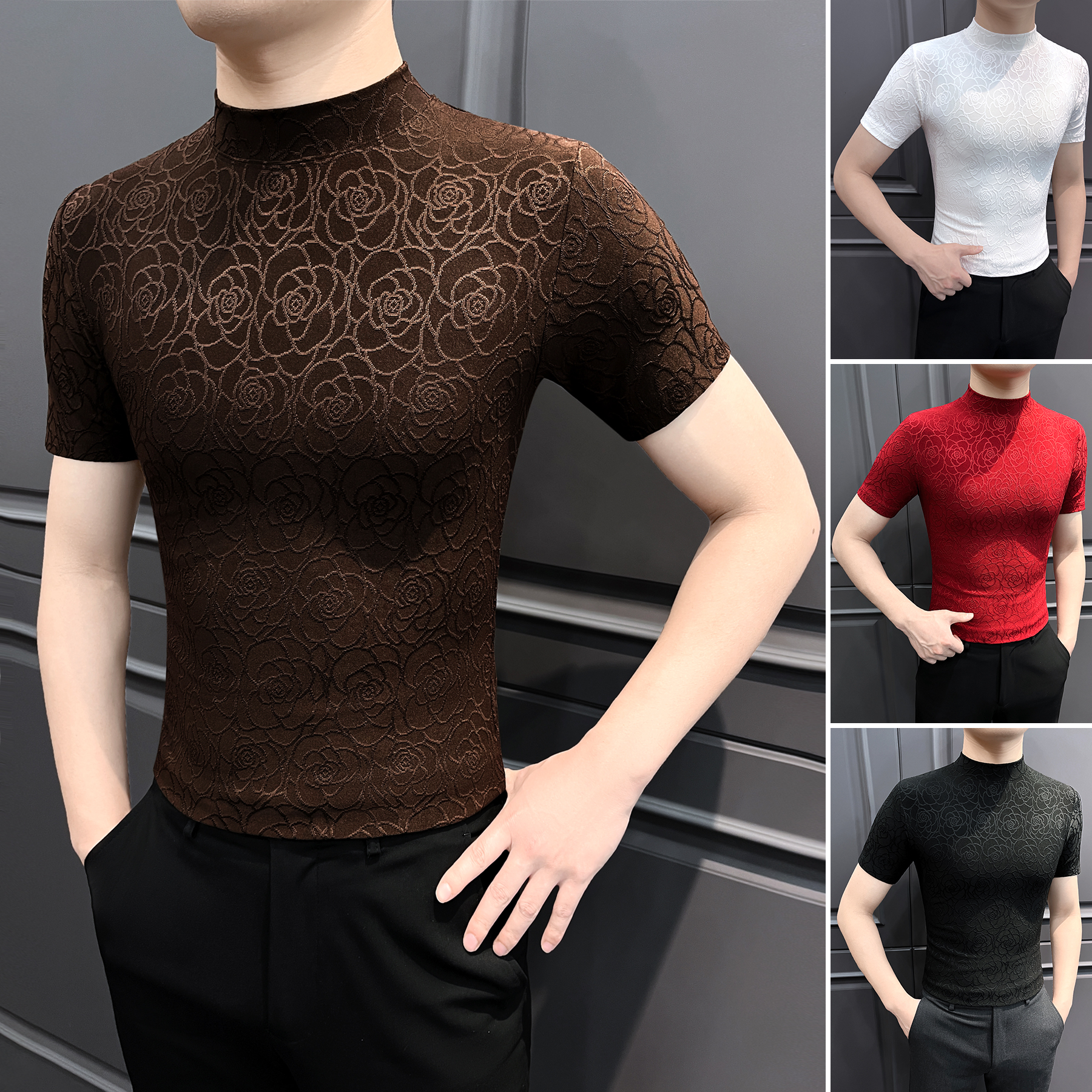 玫瑰提花短袖t恤男款网红款洋气炸街男装高级感半高领男士打底衫