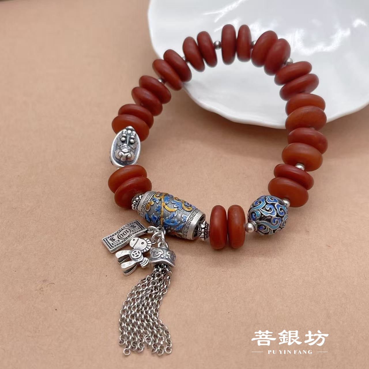 【菩银坊】925银老蜜蜡算盘珠盘缠手链 马上有钱祈福吉祥 马年新款