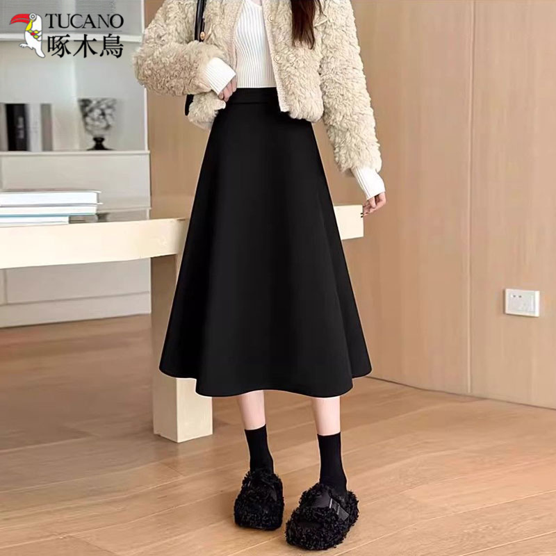 TUCANO/啄木鳥高腰遮胯毛呢半身裙女赫本风秋冬大摆a字裙中长伞裙
