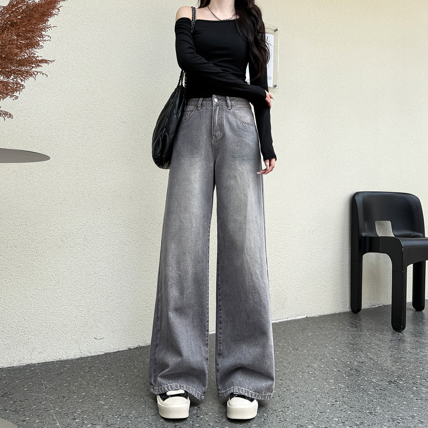 小个子女春秋显瘦百搭复古梨形天菜水洗高腰宽松直筒阔腿牛仔裤