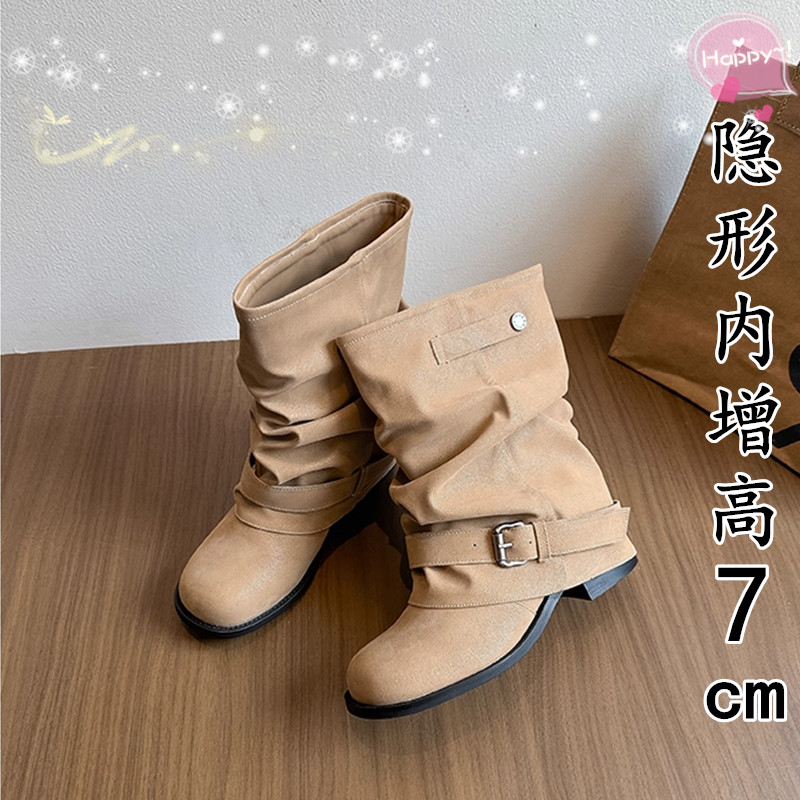 真皮~内增高西部牛仔堆堆靴女秋褶皱裤管短靴复古骑士马丁靴女款