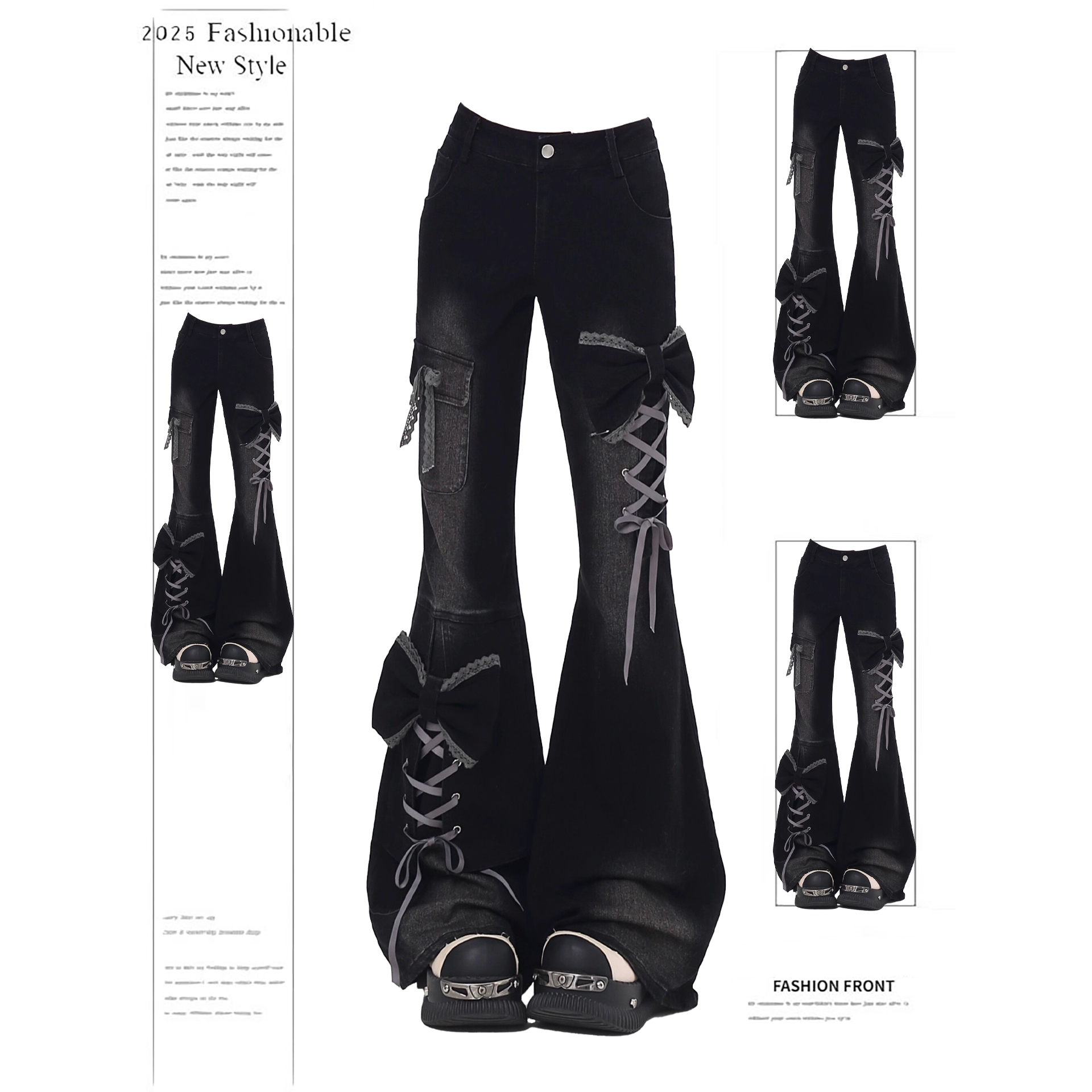 黑色蝴蝶结绑带微喇牛仔裤裤子女款冬季新款辣妹修身工装裤微喇裤