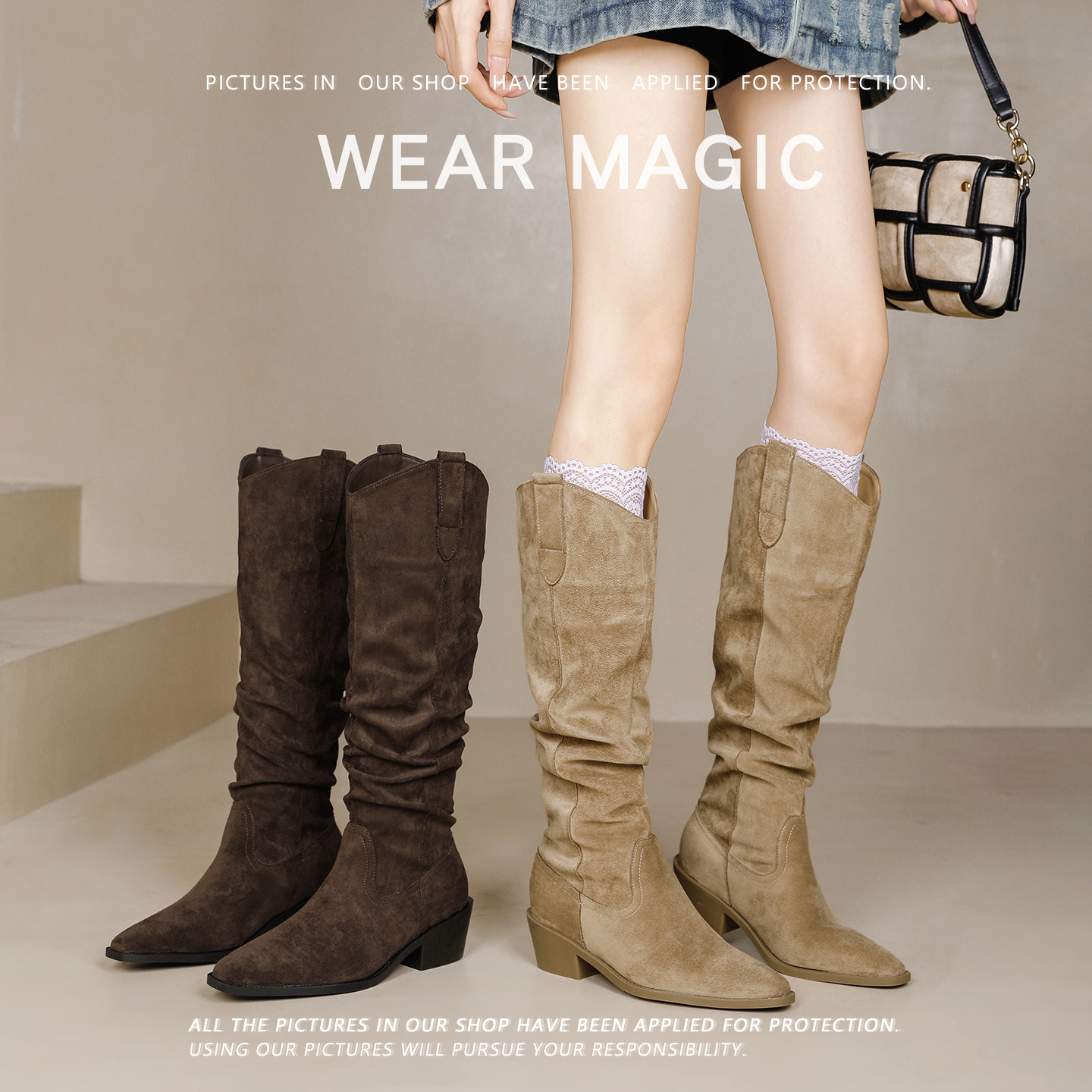 羊皮版~复古V口内增高长靴堆堆靴女2025秋冬加绒小个子高筒西部靴