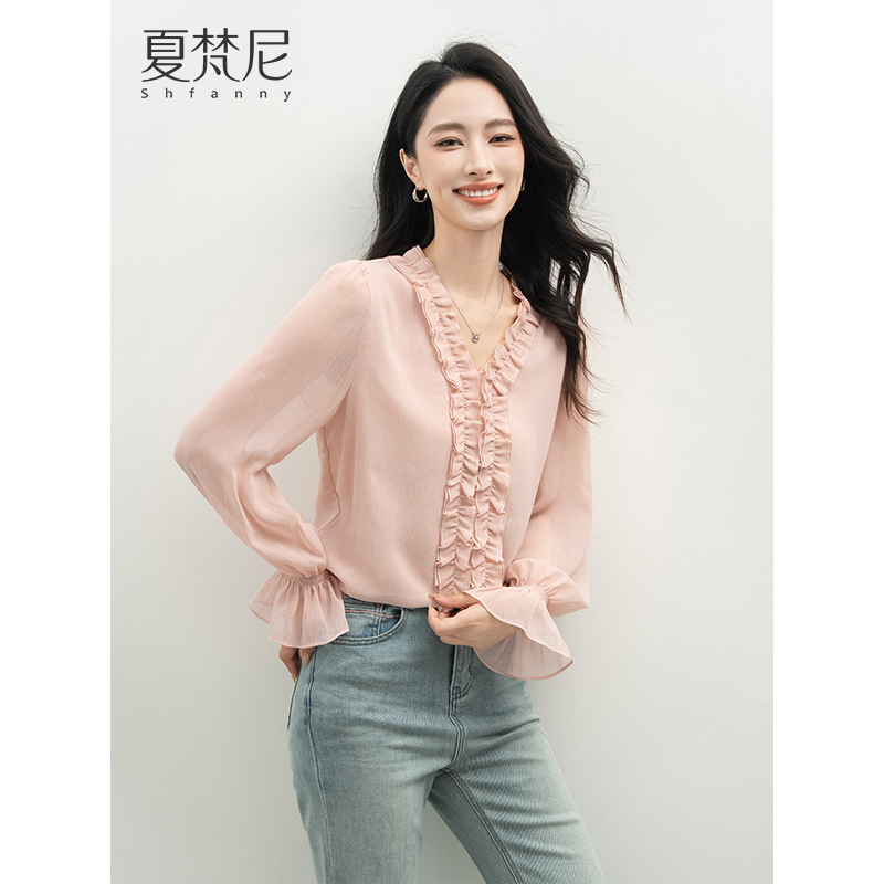 夏梵尼微风和弦法式木耳边长袖衬衫气质高级感衬衣百搭网红上衣女