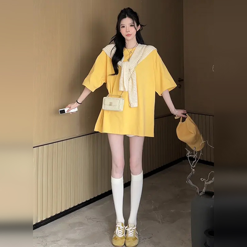 新款韩系宽松慵懒显瘦上衣夏日多胺巴圆领正肩短袖t恤女夏季2032