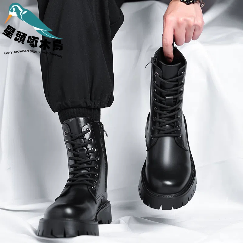 星头啄木鸟马丁靴男式冬季加绒八孔拉链款长筒高帮皮鞋工装机车靴