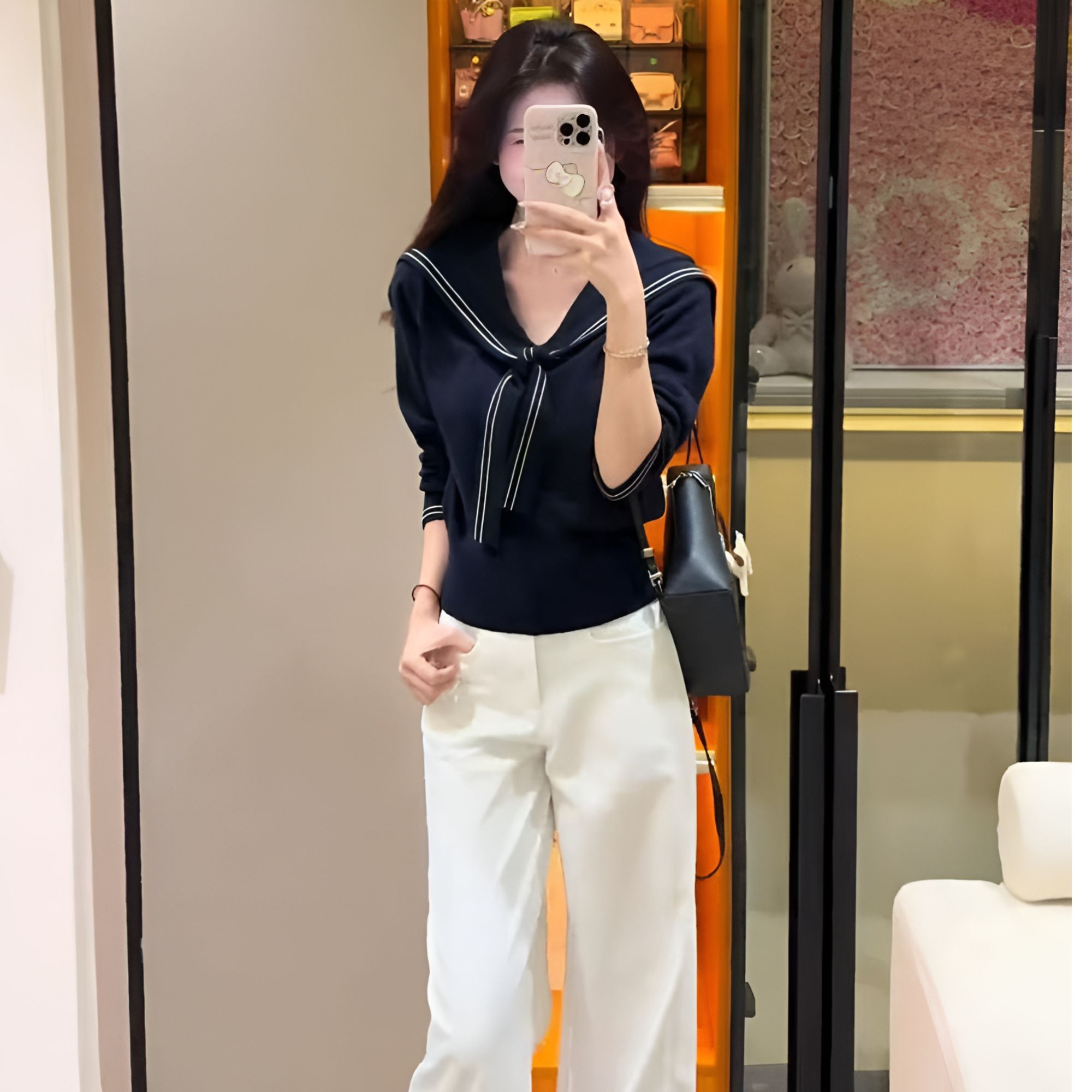 2025超火穿搭一整套学院风海军领撞色针织上衣阔腿裤两件套装秋季