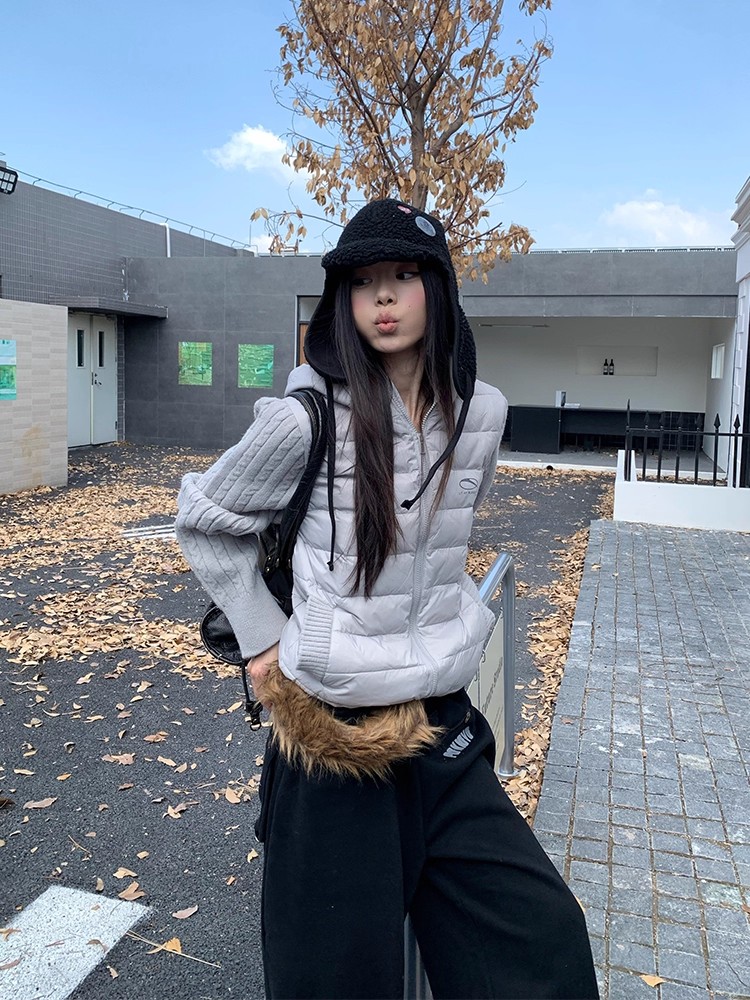 BINXLAN美式连帽拼接针织长袖羽绒服男女秋冬高级感休闲百搭外套