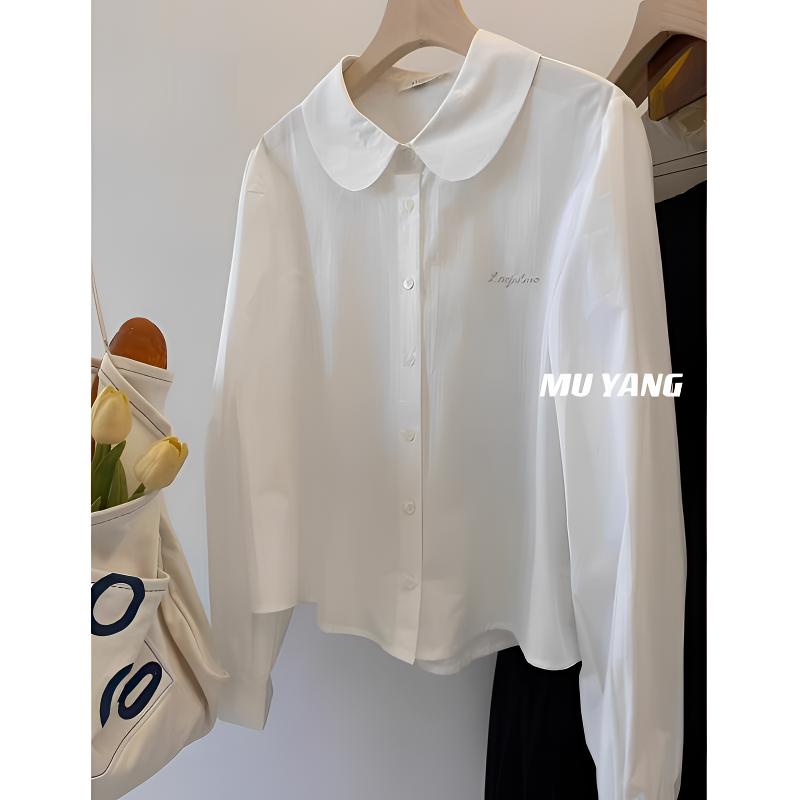 韩版复古纯棉白色娃娃领衬衫女秋季新款叠穿内搭长袖衬衣打底上衣