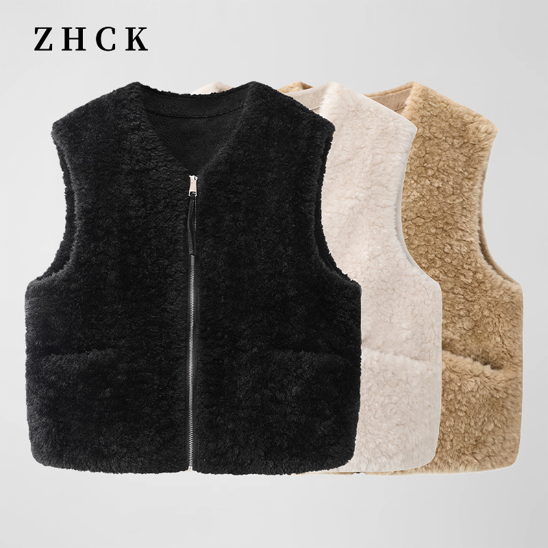 ZHCK时尚潮流百搭拉链毛马甲2025秋冬新款设计感纯色保暖加绒马夹