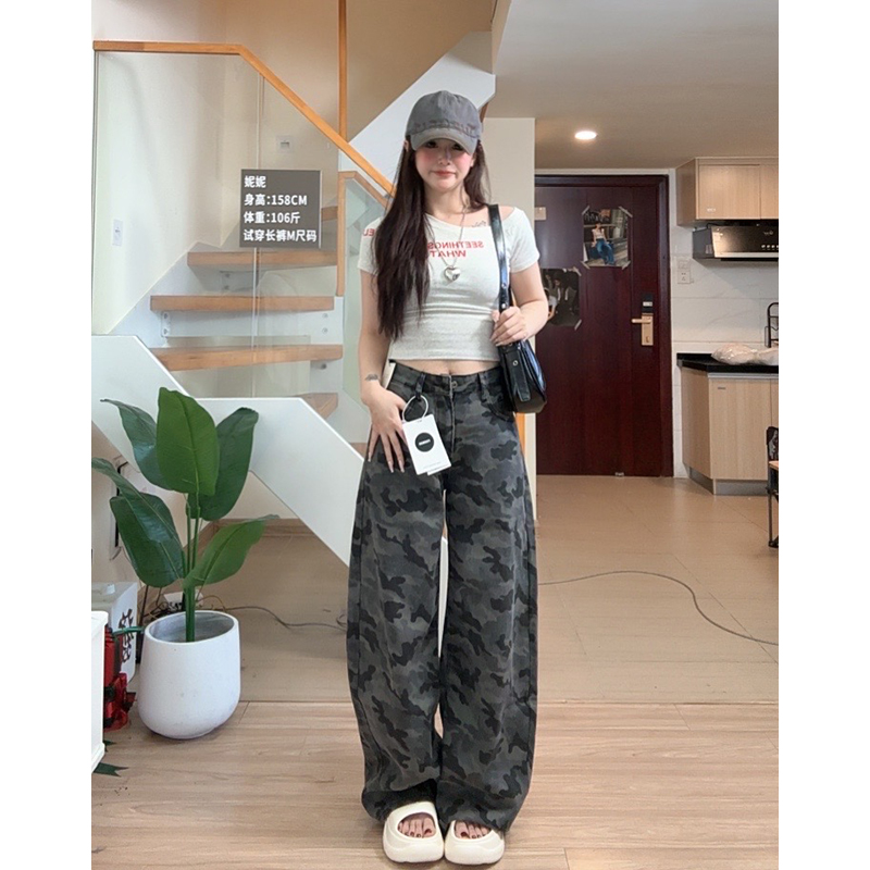 慵懒风女高腰夏季宽松牛仔裤宽松显瘦时尚长裤小众低腰牛仔裤