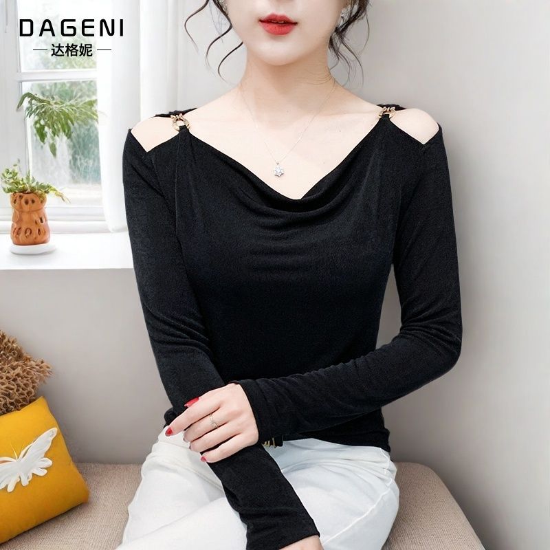 纯欲性感露肩长袖t恤女秋装2025新款洋气修身显瘦蕾丝上衣打底衫