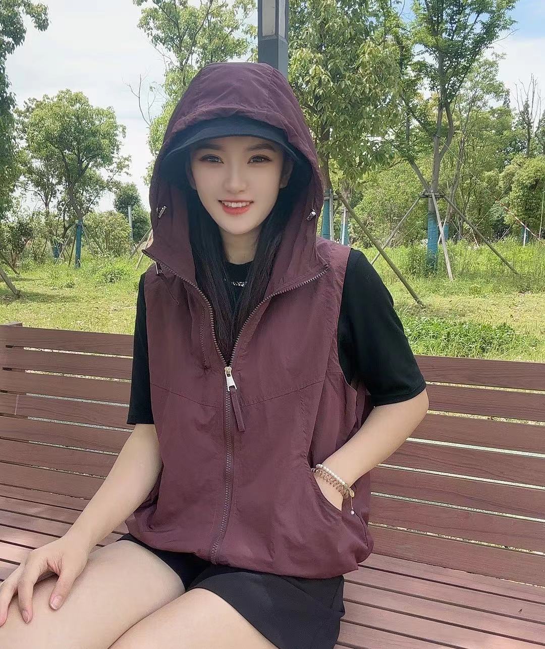 【双拉链】宽松型薄款连帽夏季拉链透气马夹韩版显瘦宽松上衣带帽