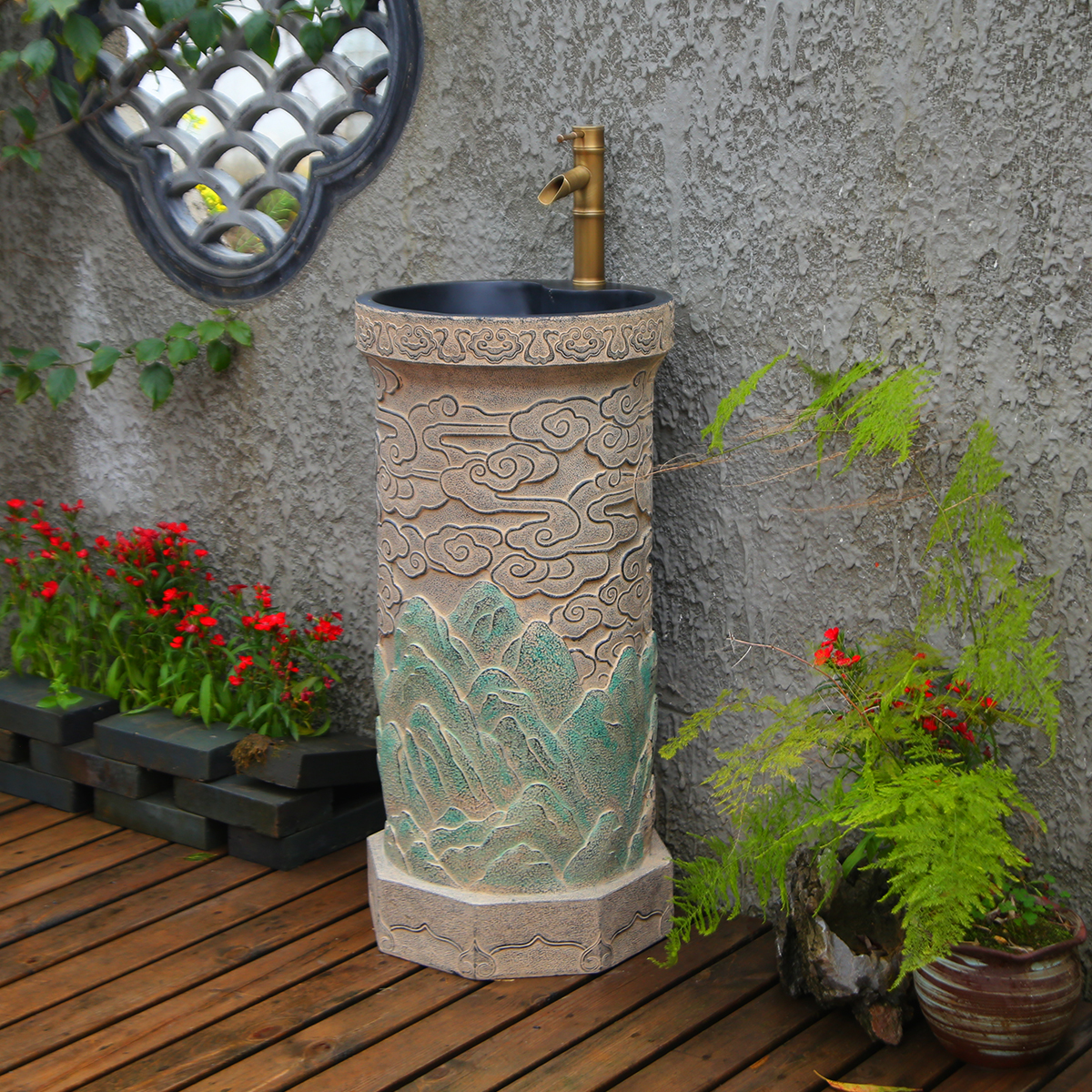 户外立柱盆仿石洗手盆别墅花园浇花洗漱台防冻艺术台盆庭院洗手池