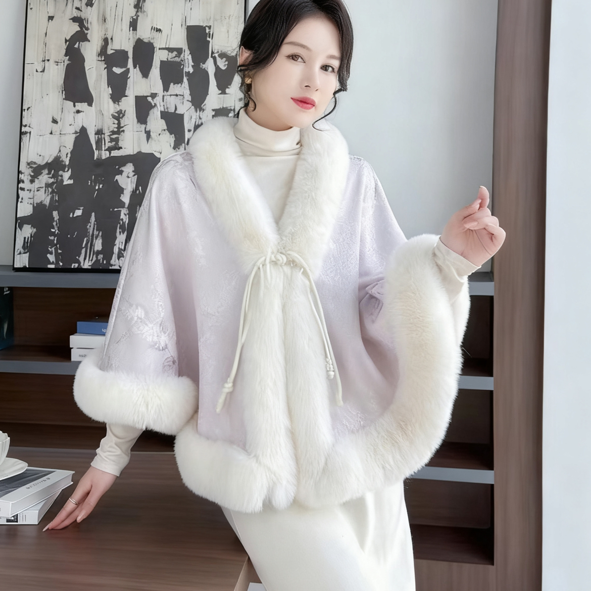 新款国风毛领珍珠扣斗篷仿绸面内绒均码秋冬保暖旗袍长裙外搭披风