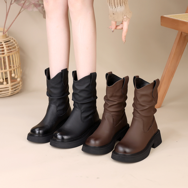 覆古超火套筒堆堆靴女2025秋季新款炸街透气轻便中筒褶皱瘦瘦短靴