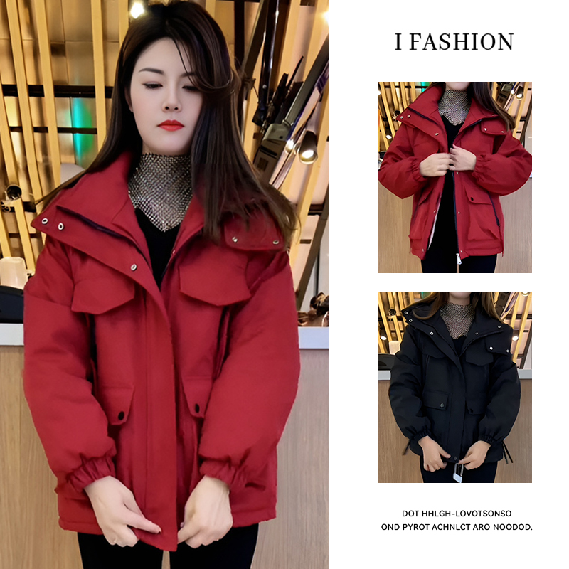 时尚加绒加厚连帽短外套女2025年冬季新款设计感小众宽松显瘦棉衣