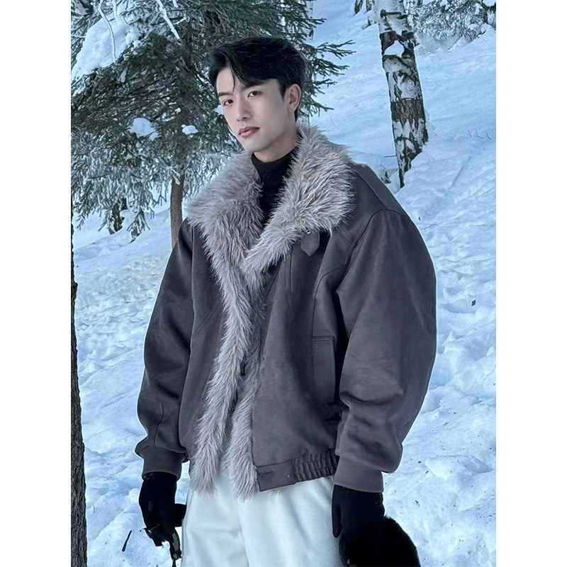 做旧仿麂皮棉服男士座山雕加厚毛领保暖夹棉冬季皮毛一体短款外套