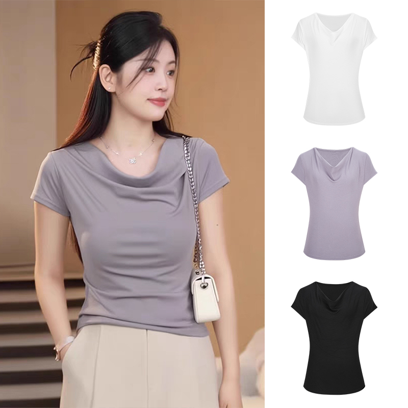 Moses Queen/魔西女王时尚荡领短袖T恤女修身显瘦休闲上衣打底衫