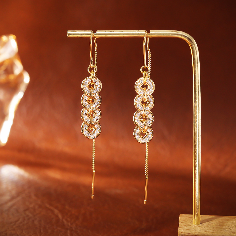 925银针耳饰中国风五帝钱锆石耳环招财气质长款女生小饰品不掉色