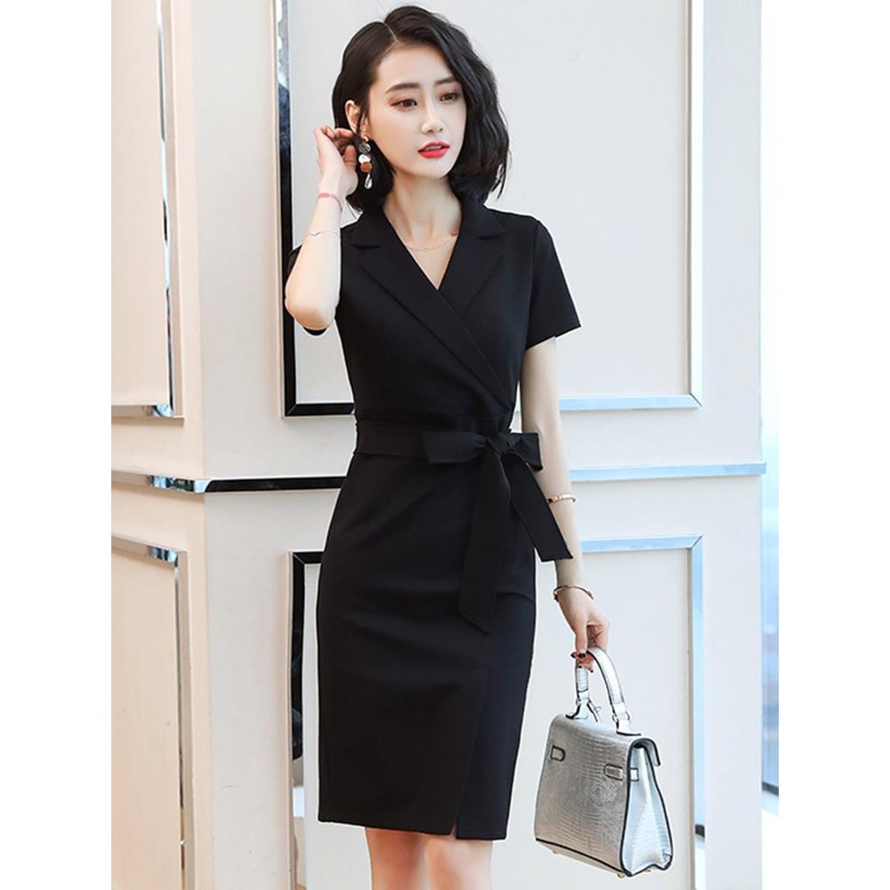 黑色连衣裙女夏天气质女神范职业高级感收腰工装裙子珠宝店工作服