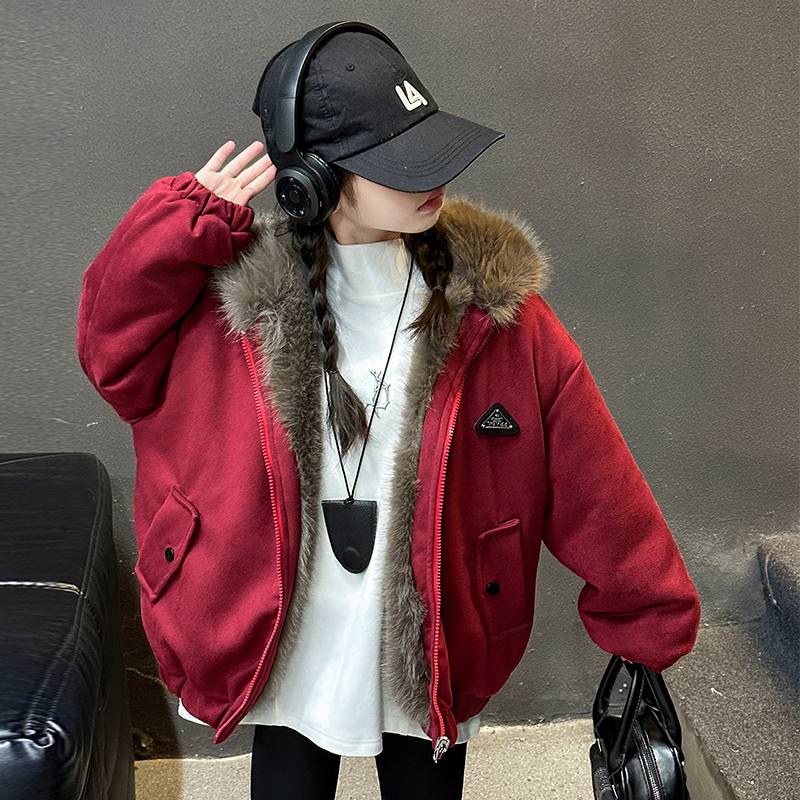 女童加厚外套冬款红色年货派克服2025新款女大童两面穿连帽冬装潮