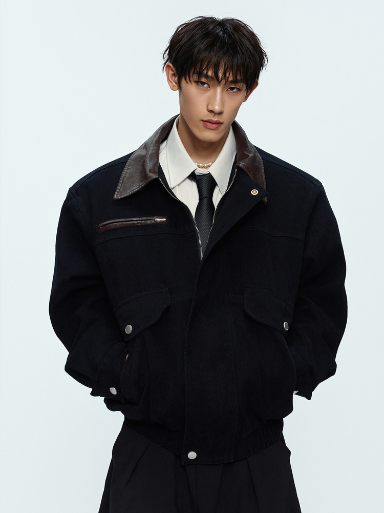 重磅设计感拼皮撞色翻领廓形牛仔工装夹克休闲男宽松痞帅秋季外套