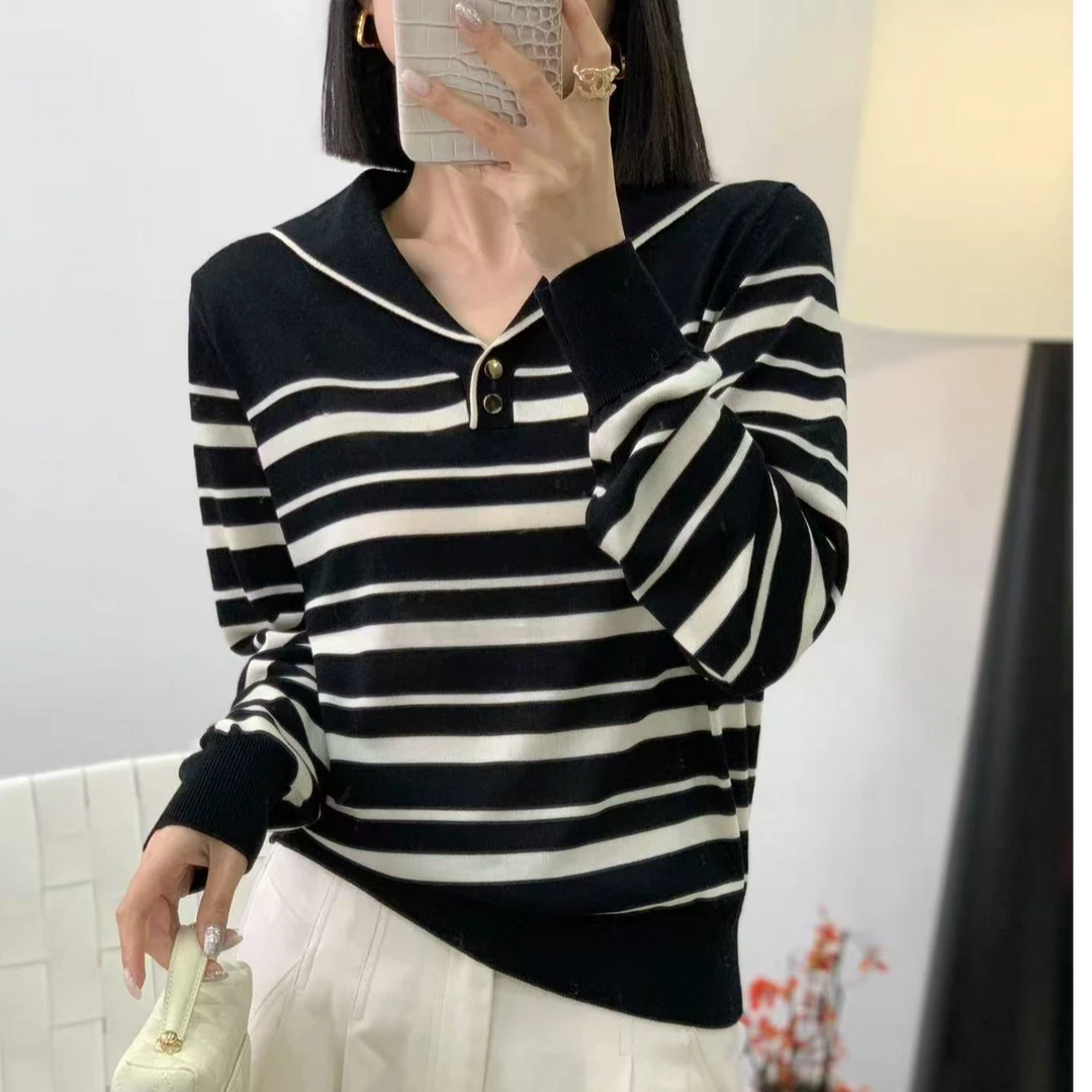 100%莱赛尔天丝海军领翻领减龄条纹套头针织衫格纹长袖上衣女
