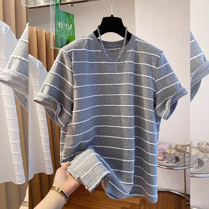 【KOBO】D56622夏复古花边条纹大码宽松减龄短袖T恤上衣女装体恤